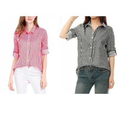 Allegra K Women's Striped Button Down Roll-up Long Sleeves Point Collar Shirt 2 Packs