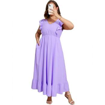 Women's Plus Size Summer Dress with Pocket Ruffle Cap Sleeveless V Neck Side Split Long Beach Maxi Dress