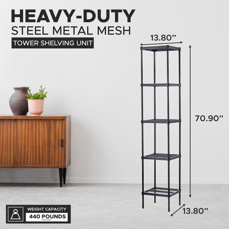 Design Ideas MeshWorks 5 Tier Full Size Metal Storage Shelving Unit Tower for Kitchen, Office, or Garage Organization, 13.8” x 13.8” x 70.9”, Black, 3 of 7