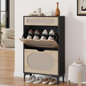 Rattan Shoe Cabinet with 2 Flip Drawers and 1 Pull-Out Drawer, Free Stand Shoe Storage Cabinet - 1 of 4