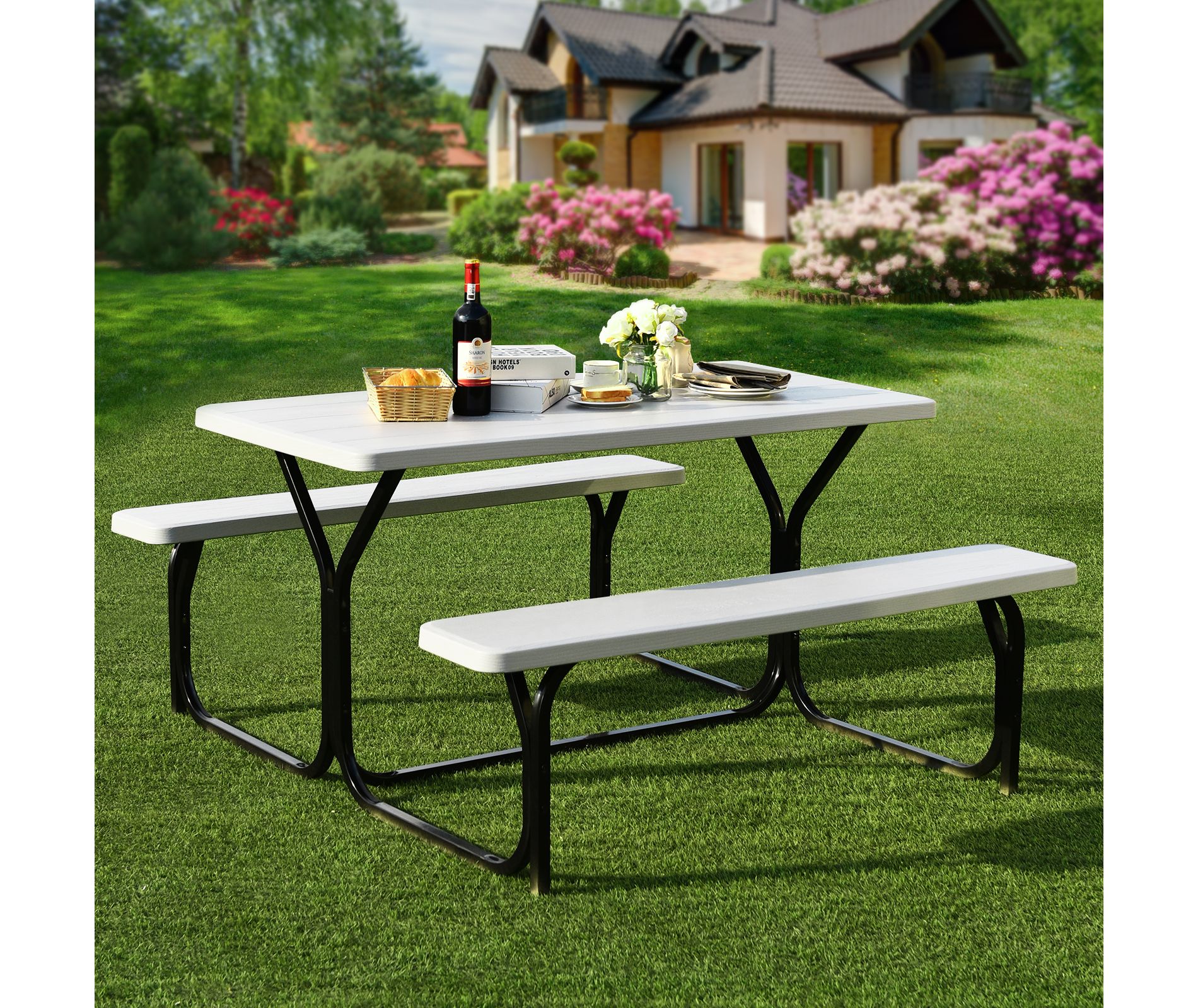 Costway Picnic Table Bench Set Outdoor Backyard Patio Garden Party Dining All Weather White