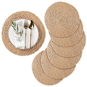 Aoibox Round Woven Placemats Set of 6, Natural Water Hyacinth Rattan Wicker Farmhouse Boho Braided Heat Resistant Outdoor Patio Table Mats - 1 of 4
