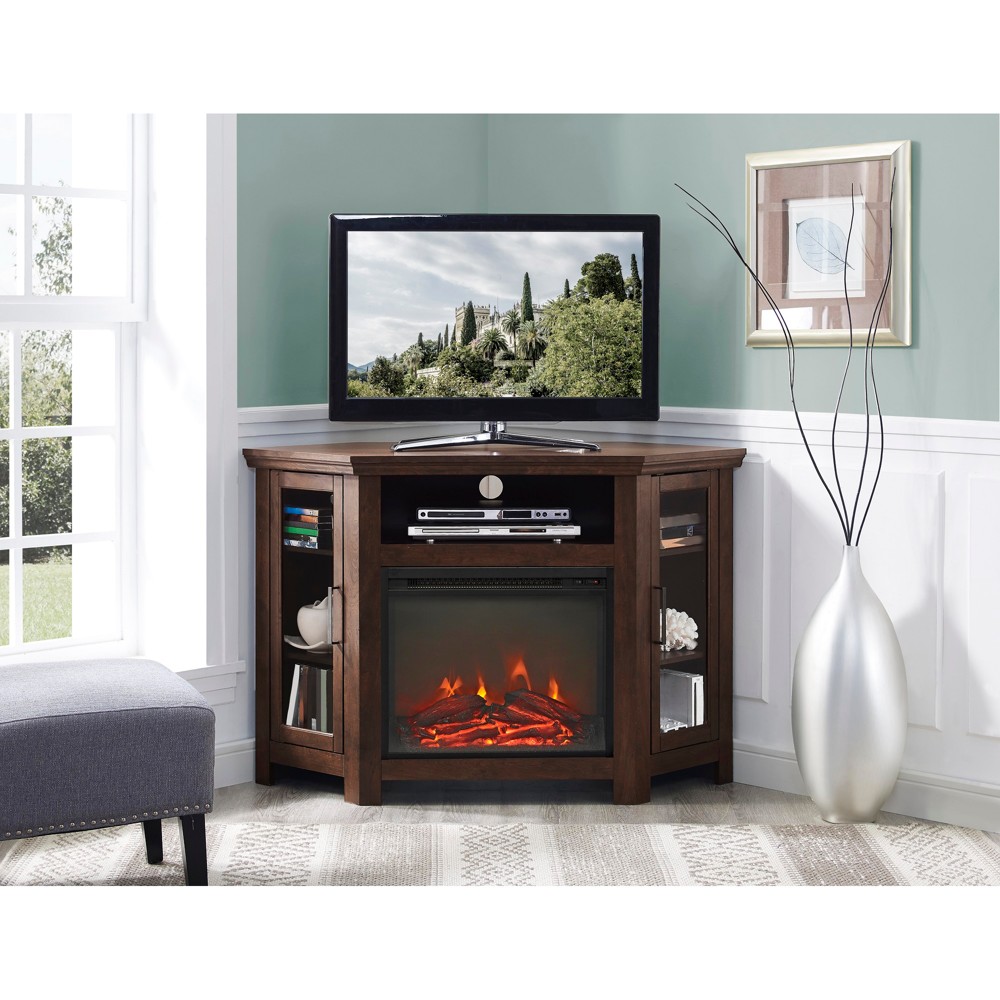 Glass Door Electric Fireplace Corner TV Stand for TVs up to 50" Traditional Brown - Saracina Home