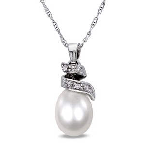 EVERLY JEWELRY | 10k White Gold Cultured Freshwater Pearl and Diamond Spiral Pendant with Chain, 17" - 1 of 4