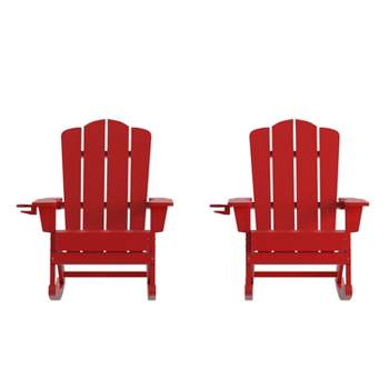 Flash Furniture Newport HDPE Adirondack Chair with Cup Holder and Pull Out Ottoman, All-Weather HDPE Indoor/Outdoor Chair, Set of 2