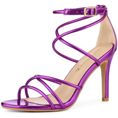 Allegra K Women's Satin Open Toe Ankle Strap Chunky Purple Heels Sandals 9 M US In