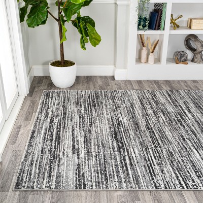 Gray and Black Striped Synthetic Flat Woven Round Rug