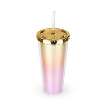Way to Celebrate 24oz Plastic Tumbler with Straw , Pink Cup with Multi  Color Glitter, Everyday 
