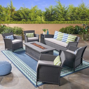 Christopher Knight Home Lucia Outdoor Wicker 7 Seater Sofa and Club Chair Chat Set with 50,000BTU Fire Pit - 1 of 4