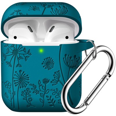 BONGEEK for AirPod Case 2nd 1st Generation Case Cover, Flower Engraved Full Protective Case Soft Silicone Pattern LED Visible,Verdant Blue