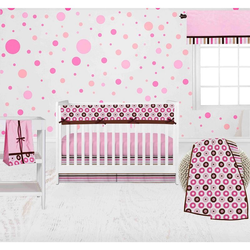 Bacati - Mod Dots Stripes Pink Fuschia Beige Chocolate 6 pc Crib Bedding Set with Long Rail Guard Cover, 1 of 10
