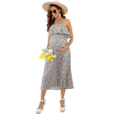Coolmee Womens Summer Maxi Casual Dress Off Shoulder Ruffle Spaghetti Strap Pleated Long Sundress L Pink Floral Print