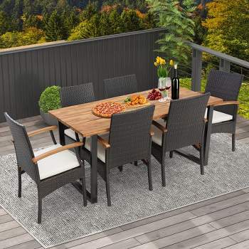 Costway 7 PCS Patio Rattan Dining Set Acacia Wood Table 6 Wicker Chairs with Umbrella Hole