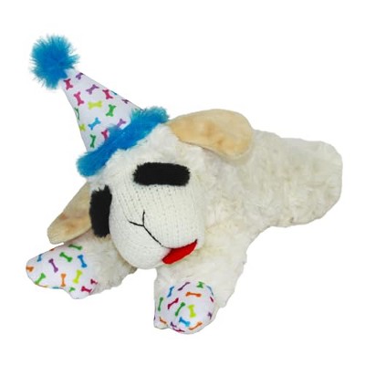 Multipet Lamb Chop Plush Toy - Squeaky Dog Birthday Hat - Soft, Cute, Playing Dog Toy (10.5', Blue Hat, 5 Squeakers)