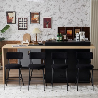24"Set of 4 modern teddy fabric upholstered bar stools - Metal base high stool - Suitable for kitchen,Black+Golden