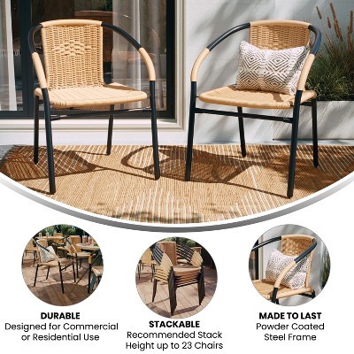 Beige Rattan and Black Steel Patio Dining Chairs, Set of 2