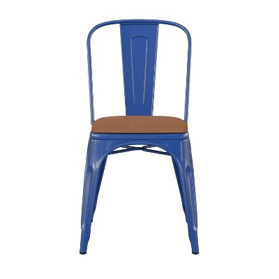 Blue Metal Indoor-Outdoor Stackable Chair with Teak Seat