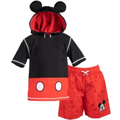 Disney Mickey Mouse Toddler Boys Pullover Swim Rash Guard Swim Trunks Black / Red 2T