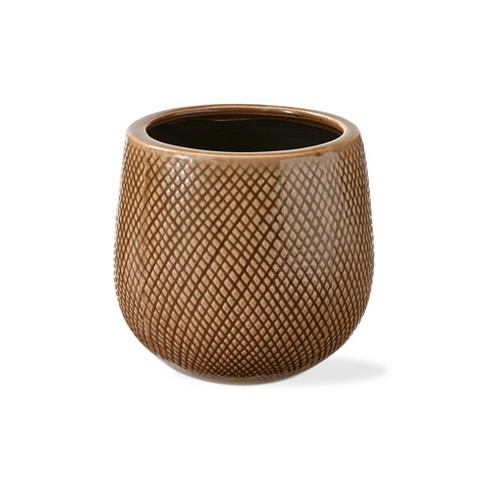 tagltd Cross Hatch Planter Small Taupe Glazed Stoneware, 6.1L x 6.1W x 5.7H inches, Fits up to a 4" drop in pot. - image 1 of 2