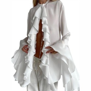 Clearlove Women's Collar Neck Button Down Ruffle Front Long Sleeve Blouse Shirt Top - 1 of 4