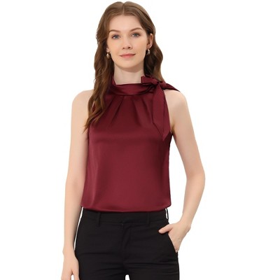 INSPIRE CHIC Women's Elegant Satin Sleeveless Bow Tie Mock Neck Solid Work Blouse