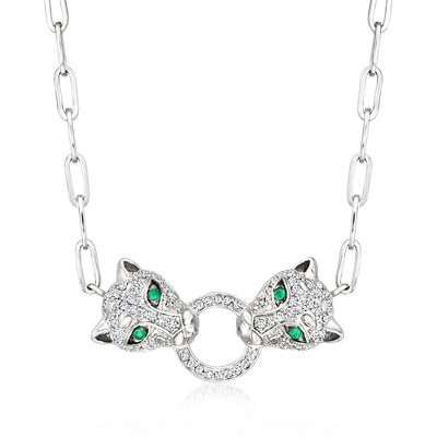 Ross-Simons 0.25 ct. t.w. Diamond Leopard Paper Clip Link Necklace With Emeralds in Sterling Silver