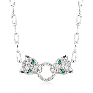 Ross-Simons 0.25 ct. t.w. Diamond Leopard Paper Clip Link Necklace With Emeralds in Sterling Silver - 1 of 3