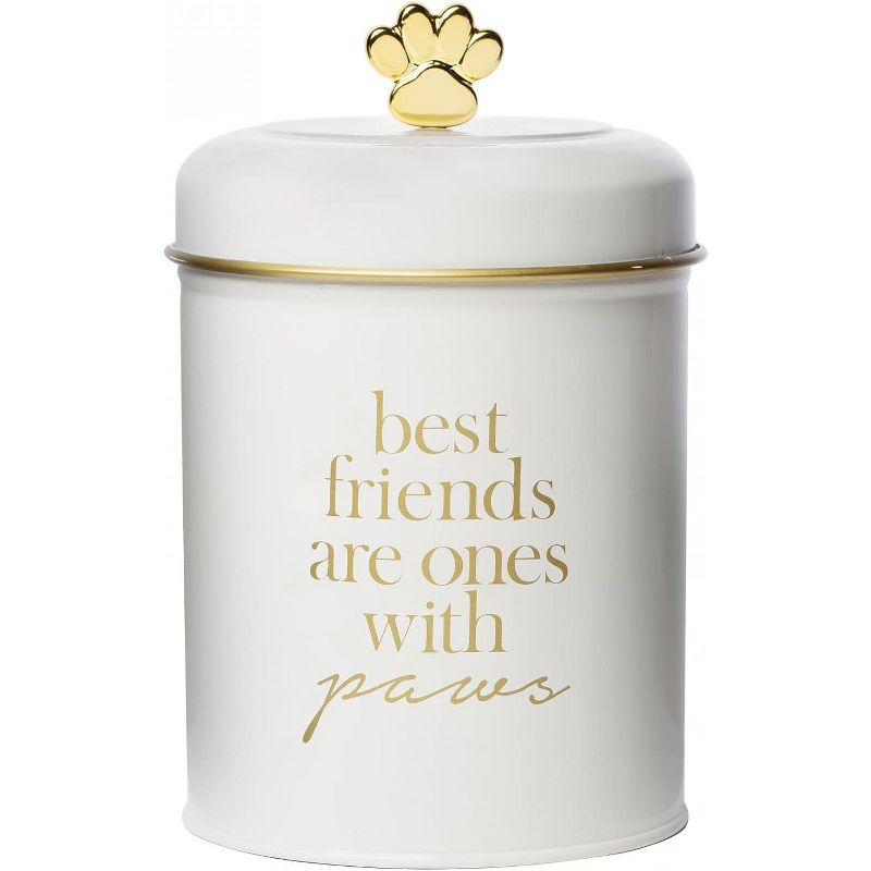 Amici Pet Stella Metal Treats Storage Canister, Cylindrical Shape with Gold Paw Shaped Knob, Food Safe, Push Top Lid, 64 Ounce Capacity, 1 of 6