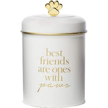 Amici Pet Stella Metal Treats Storage Canister, Cylindrical Shape with Gold Paw Shaped Knob, Food Safe, Push Top Lid, 64 Ounce Capacity