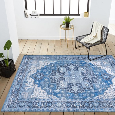 Maris Easy-Care Blue Medallion Washable Synthetic Area Rug, 3 X 5