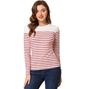 INSPIRE CHIC Women's Color Block Round Neck Long Sleeves Striped Basic T-Shirt - 1 of 4