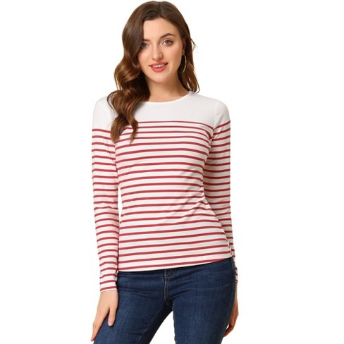 Unique Bargains Women's Color Block Striped Knit Top Long Sleeves T-Shirt L  Black-White 