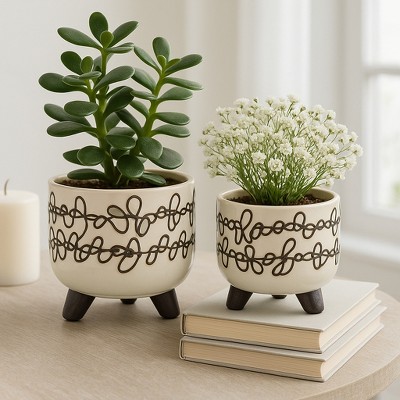 Sagebrook Home Set of Two 6"/8" Ceramic Abstract Design Footed Planters