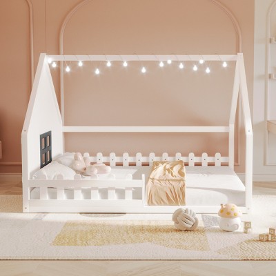 1 Full Bed Frame, Solid Wood House Bed with Fence and Window, No Box Spring Needed - Baofuwish