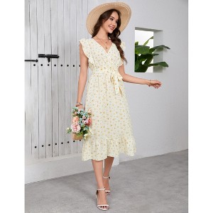 Women's Floral Dress Cross Neck Flying Sleeve Ruffle Midi Dress With Belt - 1 of 4