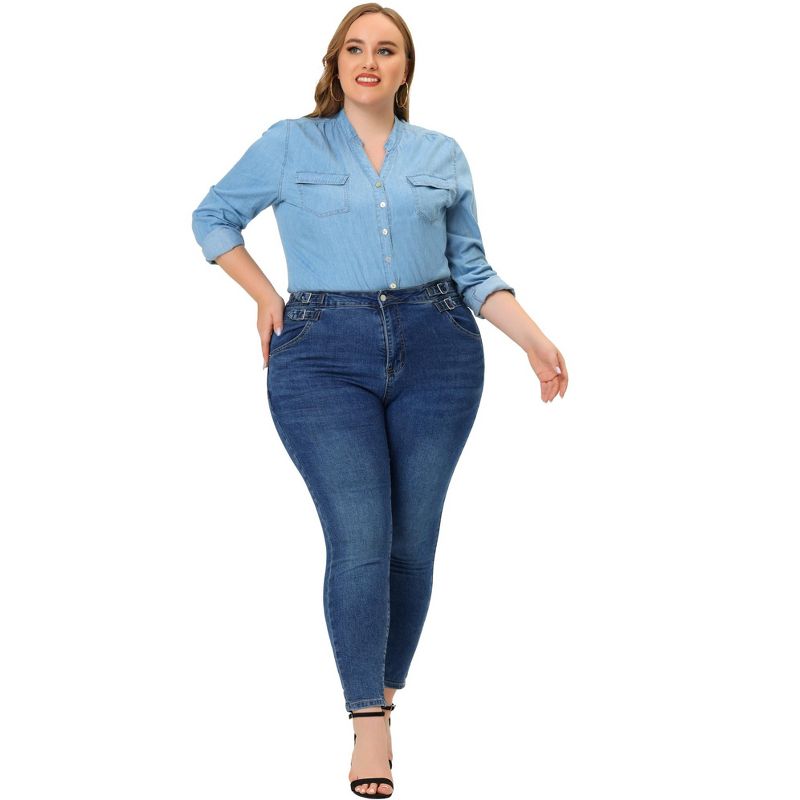 Agnes Orinda Women's Plus Size High Waist Buckle Decor Slash Pocket Denim Skinny Jeans, 4 of 7