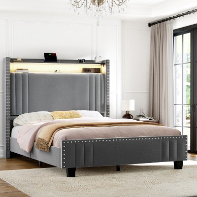 WOWLIVE Queen/King Upholstered Bed Frame with Storage Wingback Headboard, Modern Platform Bed Frame with Outlet & LED Light