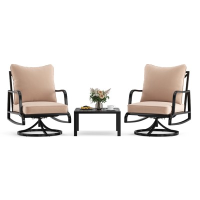 Maggift Patio Seating Set 3-Piece with Swivel Rocking Chair, Side Table and Thick Cushion for Backyard and Garden, Beige, 23.2" * 26.8" * 34.2"