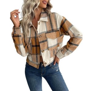 Coolmee Women's Flannels Cropped Shacket Jackets Lapel Collar Fall Fashion Plaid Jackets Button Down Shirt Fall Coats Tops with Pockets L Khaki - 1 of 4