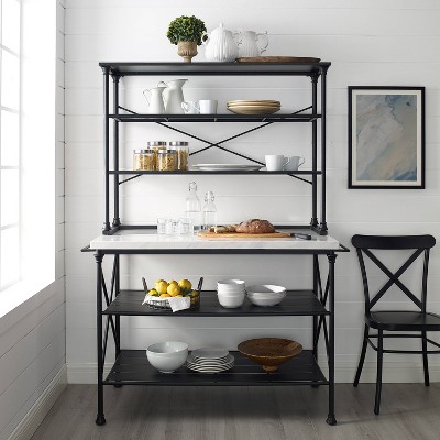 Elegant Madeleine Matte Black Kitchen Island with Faux Marble Top and Hutch