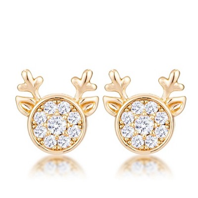 ShineHigh Holiday Reindeer CZ Stud Earrings – 18k Rose Gold, Goldtone & Rhodium-Plated Options – Sparkling Round Solitaire Design for Festive Cheer