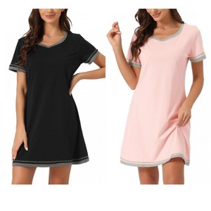 INSPIRE CHIC Women's 2 Pcs Short-Sleeve Nightshirt Color-Block V-Neck Sleepdress Set - 1 of 4