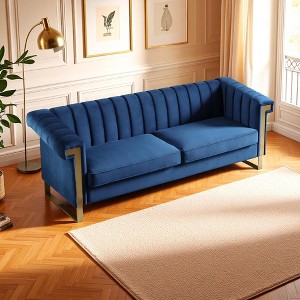 Modern Plush Polyester Upholstery Sofa with Turn-Out Armrests, Stainless Steel Accents & Removable Spring Cushions, 15cm Gold Legs - 1 of 4