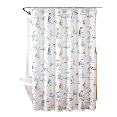 Maritime Blues Coastal Sailboats and Fish Fabric Shower Curtain, 72" x 72"