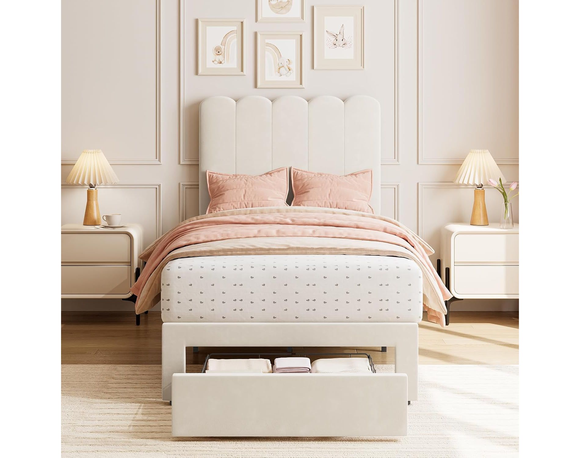 Twin Bed Frame with Under-Bed Drawer Storage – Velvet Upholstered Wave Headboard for Girls, Wood Slat Support (No Box Spring), White