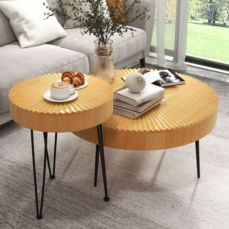Costway Farmhouse Round Coffee Table Set of 2 End Table Natural Finish for Living Room, 4 of 11