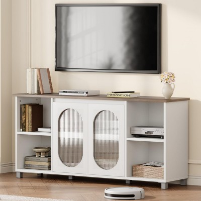 70" Rustic TV Stand - Entertainment Center with Corrugated Glass Cabinet Doors & Open Shelves