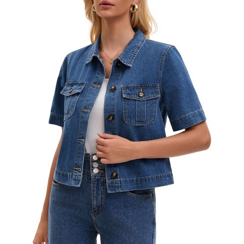Женские куртки INSPIRE CHIC Women's Turndown Collar Button Chest Pockets Short Sleeve Cropped Jean Jacket X-Large Blue