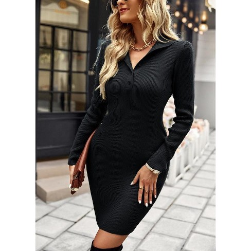 Whizmax Women s Fall Long Sleeve Knit Sweater Dress Casual V Neck Button Slim Fit Bodycon Midi Dresses Target