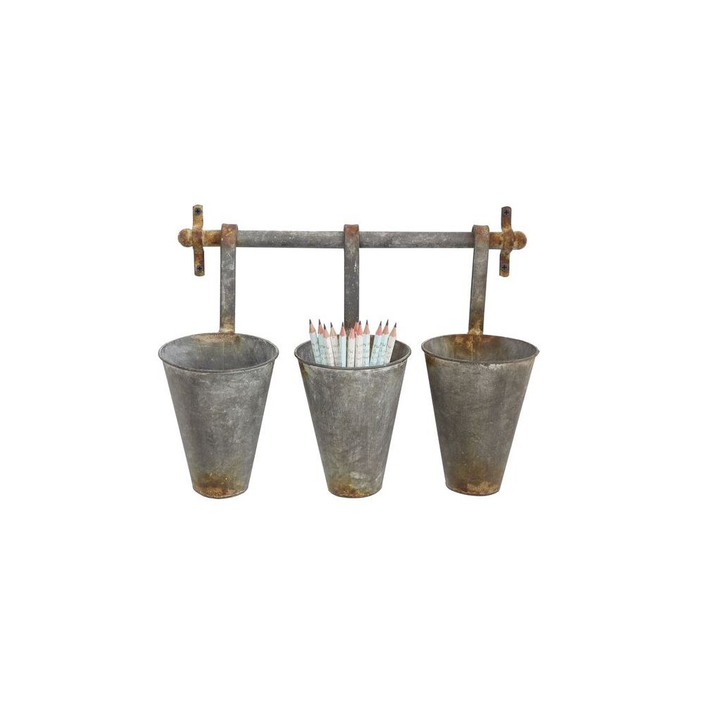 Metal Wall Rack with 3 Tin Pots - Storied Home: Rustic Outdoor Wall-Mounted Planter, Patio Clearance